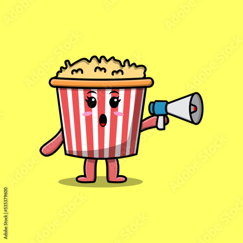 Cute Cartoon Popcorn character speak with megaphone in 3d cartoon style concept