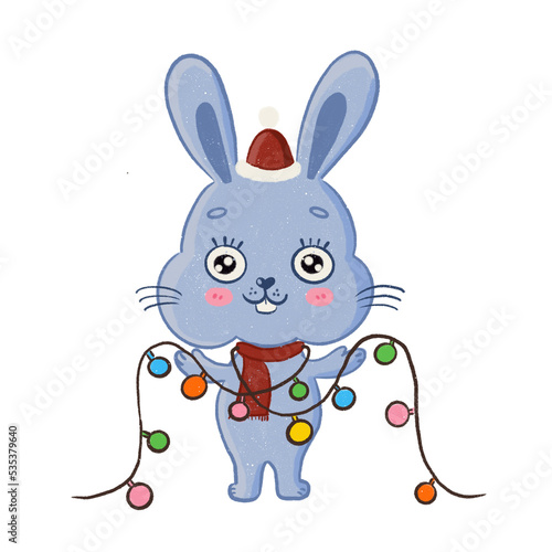 Принти на полотні Chrismas bunny with colorful lights on transperent backgound