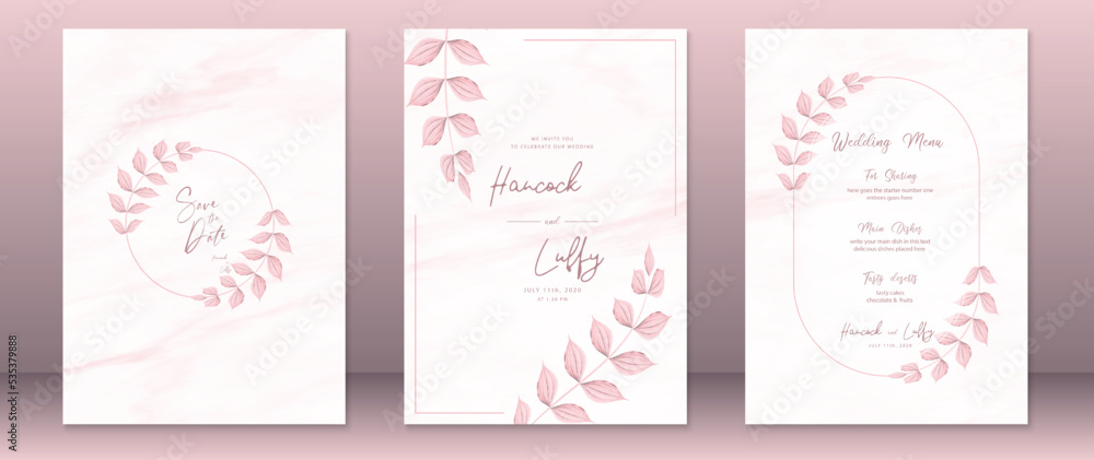 Wedding invitation card template design with watercolor background and autumn leaf of pink