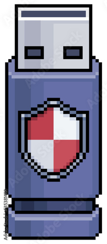 Pixel art pen drive with shield, secure device vector icon for 8bit game on white background
