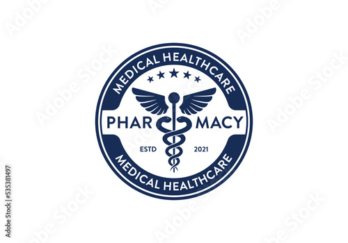 Hermes caduceus snake. Medical health care logo design, stamp emblem badge design template
