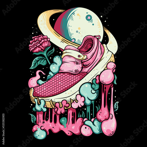 Vector Illustration Colorful Shoe Step On Bubble Gum Vintage Illustration