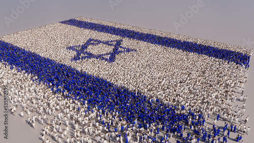 A Crowd of People congregating to form the Flag of Israel. Israeli Banner on White. photo