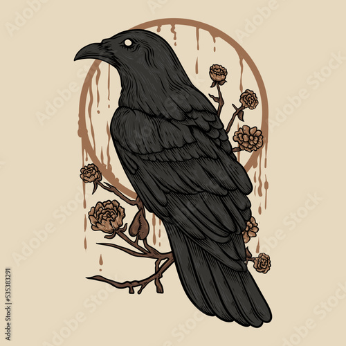 Vector Illustration Raven Perch on The Flower Branch With Flower Vintage Illustration