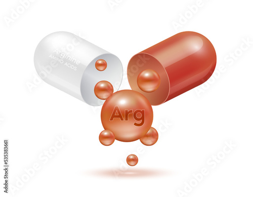 Arginine amino acid float out of the capsule. Vitamins complex and minerals brown isolated on white background. For food supplement ad package design. Science medic concept. 3D Vector EPS10.