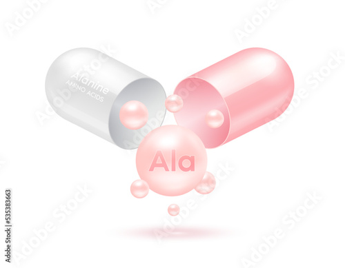Alanine amino acid float out of the capsule. Vitamins complex and minerals pink isolated on white background. For food supplement ad package design. Science medic concept. 3D Vector EPS10.