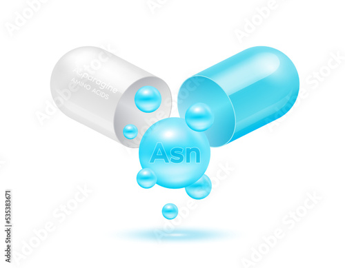 Asparagine amino acid float out of the capsule. Vitamins complex and minerals blue isolated on white background. For food supplement ad package design. Science medic concept. 3D Vector EPS10.