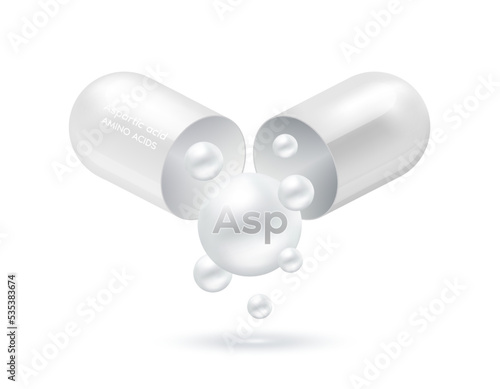 Aspartic amino acid float out of the capsule. Vitamins complex and minerals silver isolated on white background. For food supplement ad package design. Science medic concept. 3D Vector EPS10.