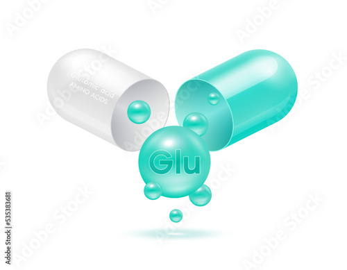Glutamic amino acid float out of the capsule. Vitamins complex and minerals green isolated on white background. For food supplement ad package design. Science medic concept. 3D Vector EPS10.