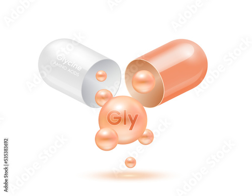 Glycine amino acid float out of the capsule. Vitamins complex and minerals orange isolated on white background. For food supplement ad package design. Science medic concept. 3D Vector EPS10.