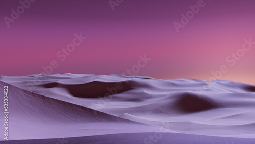 Desert Landscape with Sand Dunes and Magenta Gradient Starry Sky. Scenic Modern Background.