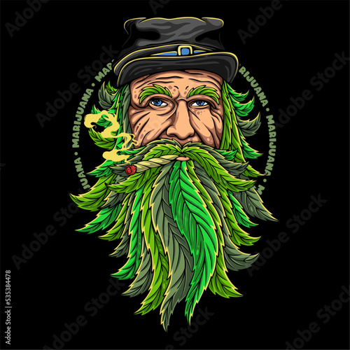colorful Cannabis farmer wearing a hat smoking weed with his hair and beard covered in marijuana leaves for t shirt design