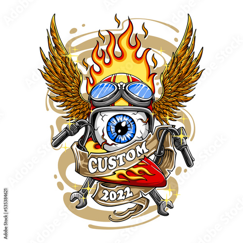 Colorful Custom motorcycle spare parts with one eye wearing a helmet with wings and fire on it for t shirt design