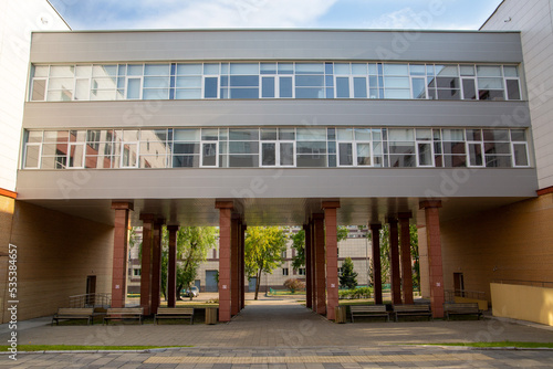 Modern buildings. Glazed transition between buildings.