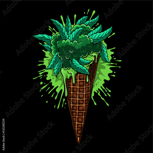 colorful Ice cream cone shaped with marijuana leaves on top and blotchy background for t shirt design