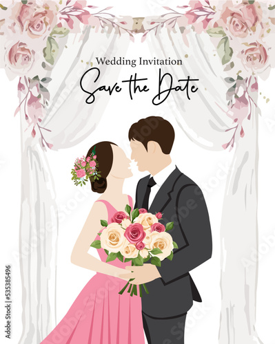 Wedding invitations card with cute couple bride and groom cartoon vector illustration