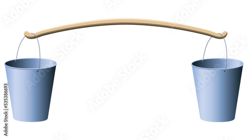 Two metal buckets on wooden yoke isolated on white background. Design element.