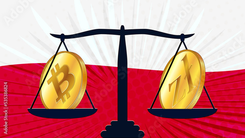 Gold coin of Bitcoin BTC and Polish zloty PLN on scales and colored flag of Poland on background. Central Bank of Poland adopts laws on digital assets CBDC.