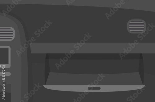 Close-up of car dashboard with opened glove compartment. Empty vehicle glove box. Flat vector illustration template.