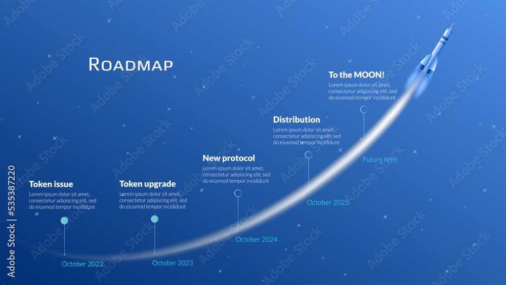 Obraz premium Roadmap with flying spacecraft with long trail in starry sky on blue background. Timeline infographic template for business presentation. Vector.