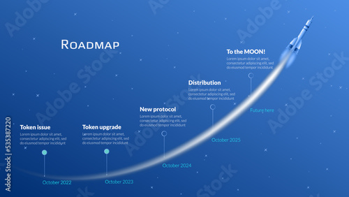 Roadmap with flying spacecraft with long trail in starry sky on blue background. Timeline infographic template for business presentation. Vector. photo