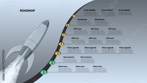 Roadmap with space shuttle and sections on silver background. Infographic timeline template for business presentation. Vector.