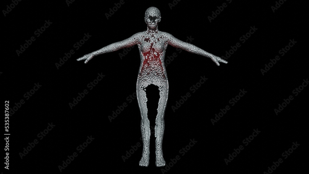 Programmable matter forming body of human. Claytronics , catoms. Cluster of spheres morphing transforming into woman.Nanospheres , nanorobots organize into nanosuit.3d render illustration. VIew 2