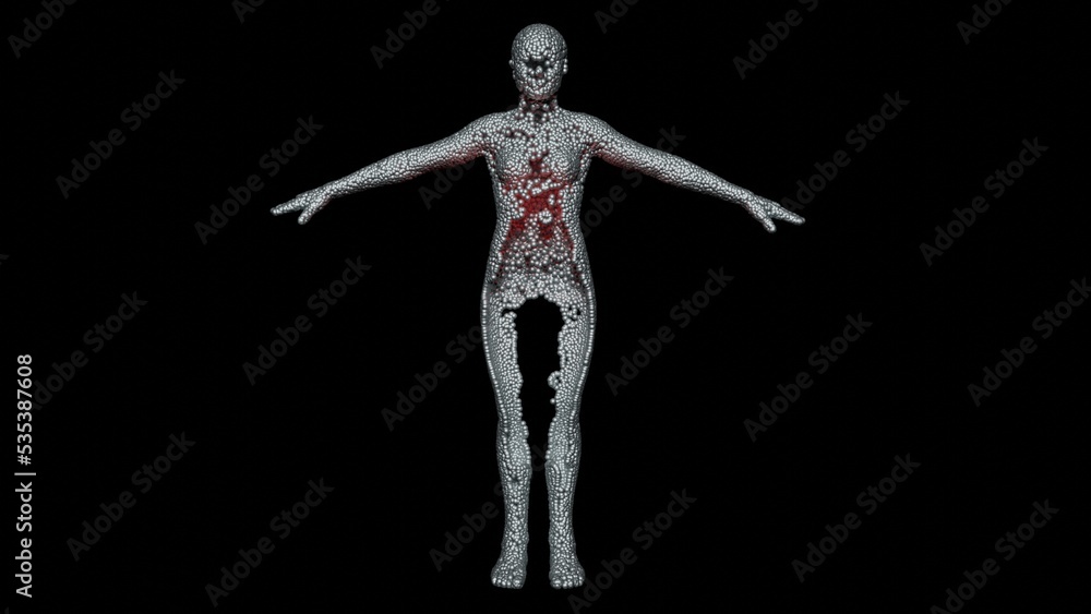 Programmable matter forming body of human. Claytronics , catoms. Cluster of spheres morphing transforming into woman.Nanospheres , nanorobots organize into nanosuit.3d render illustration. VIew 3 Programmable matter forming body of human. Claytronics , catoms. Cluster of spheres morphing transforming into woman.Nanospheres , nanorobots organize into nanosuit.3d render illustration. VIew 3