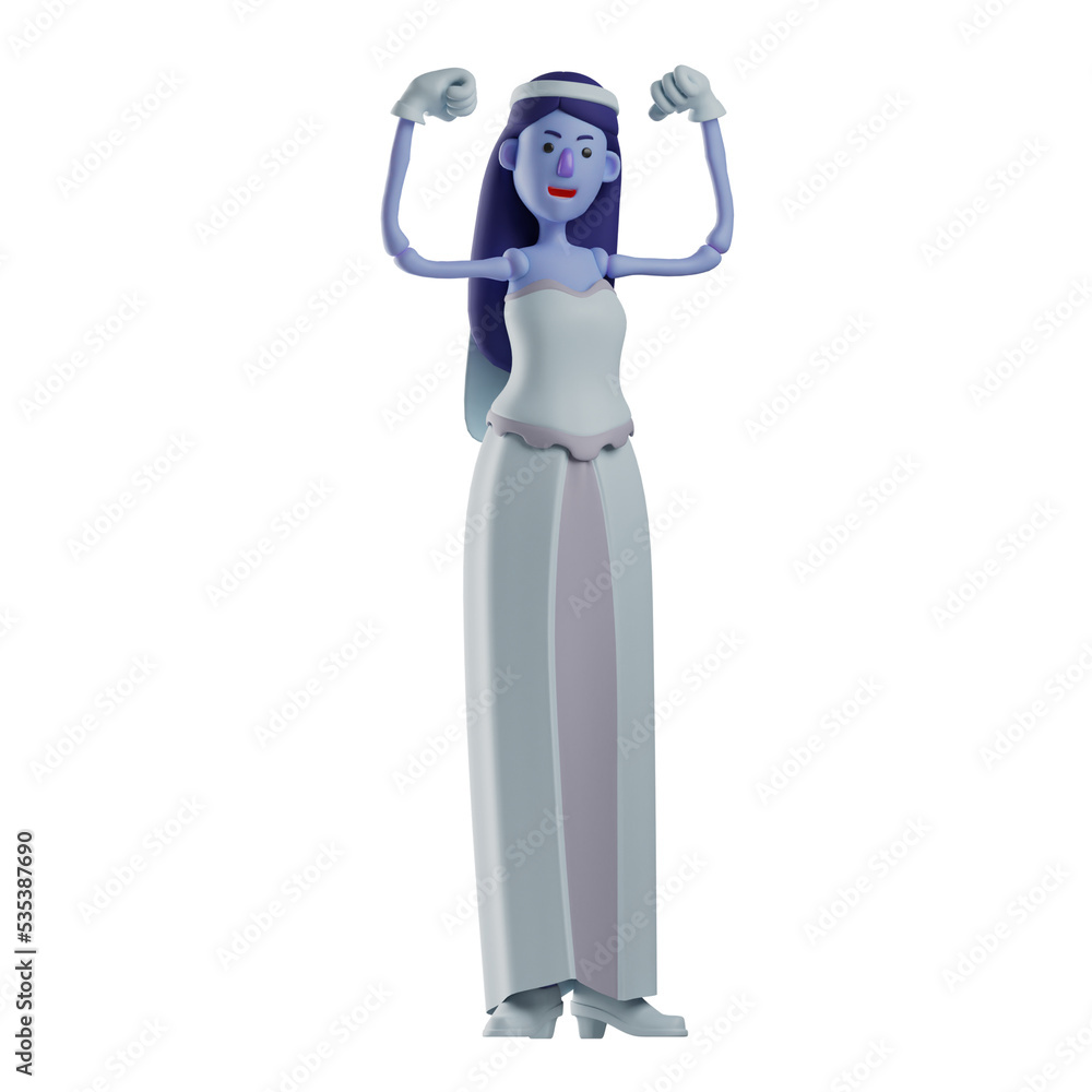 3D illustration. 3D Cartoon Happy Face Skull Princess illustration showing her strong hands. wearing a pretty dress. with a happy smile. 3D Cartoon Character 3D illustration. 3D Cartoon Happy Face Skull Princess illustration showing her strong hands. wearing a pretty dress. with a happy smile. 3D Cartoon Character