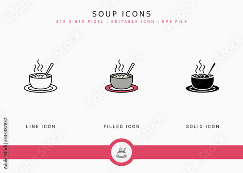 Soup icons set vector illustration with solid icon line style. Hot bowl concept. Editable stroke icon on isolated background for web design, user interface, and mobile application
