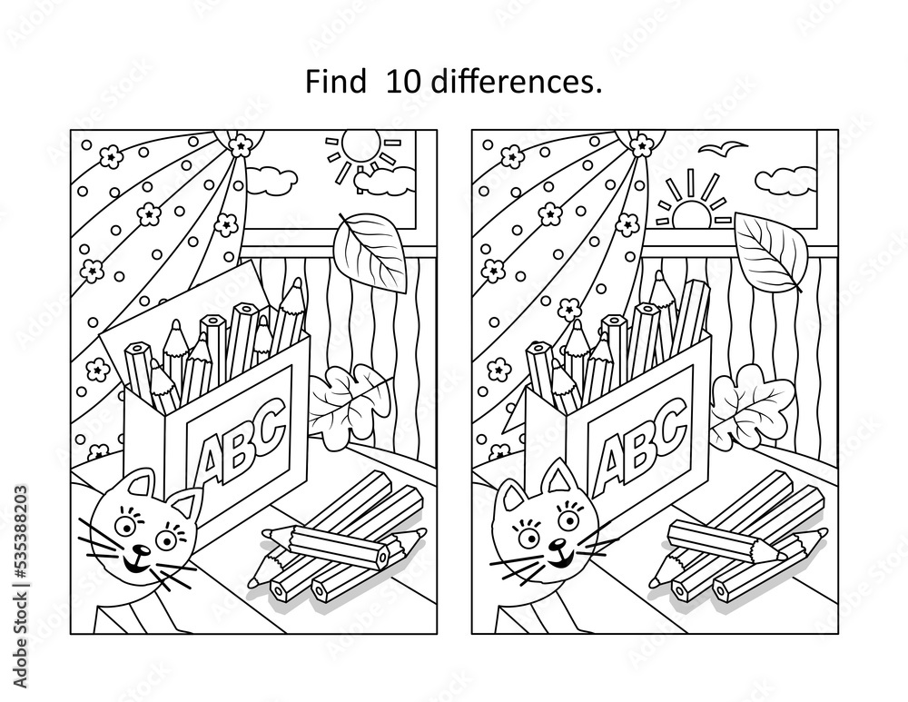 Box of pencils find the differences picture puzzle and coloring page
