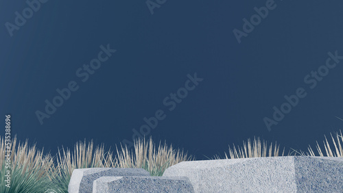 3d stone podium background products display mockup 3d render. scene on white floor  leaf  rock  and navy blue background podium shape nature. stand show cosmetic product. Stage showcase on pedestal.