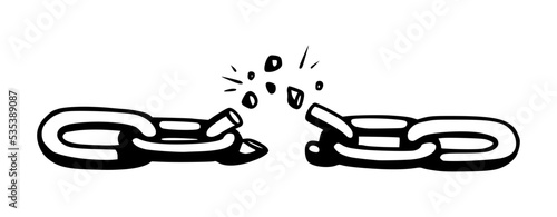Broken chain with shatters as symbol of strength and freedom. Sketch of metal chains. Vector illustration isolated in white background