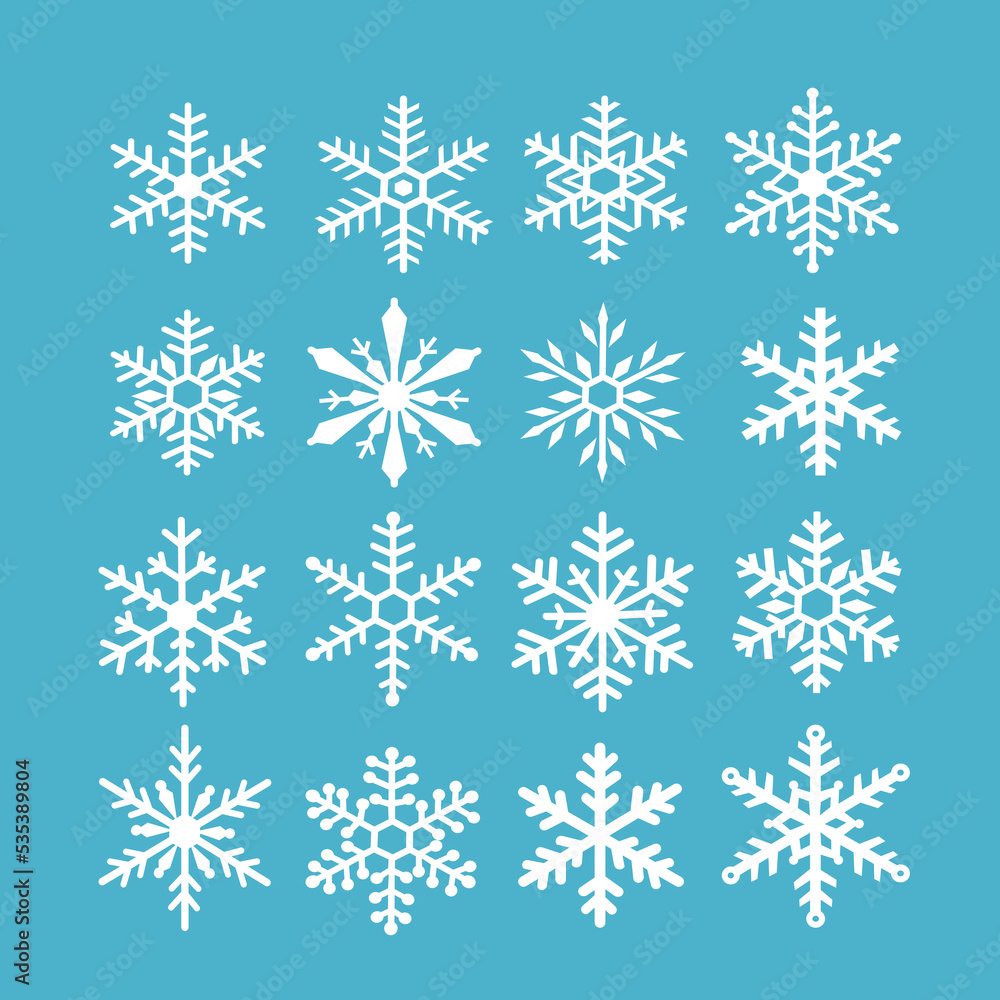 Beautiful white snowflake winter set, Christmas and new year element icon design on blue background, crystal snowflake frozen silhouette vector illustration