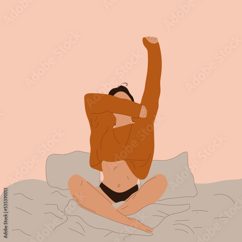 Morning girl in bed. Vector illustration