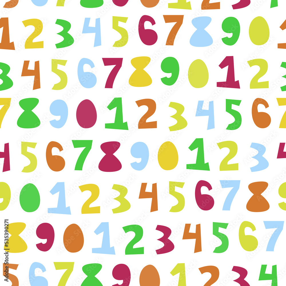 Vector seamless pattern of roughly carved multicolored digits.
