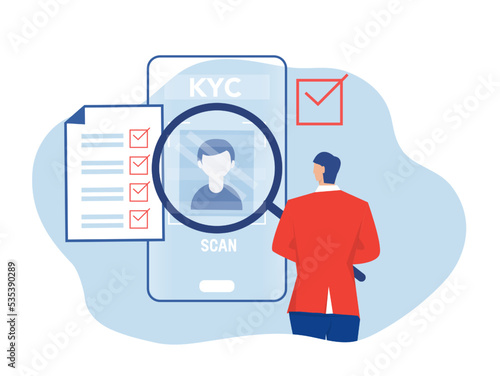 KYC or know your customer with business verifying the identity of its clients concept at the partners-to-be through a magnifying glass vector illustrator
