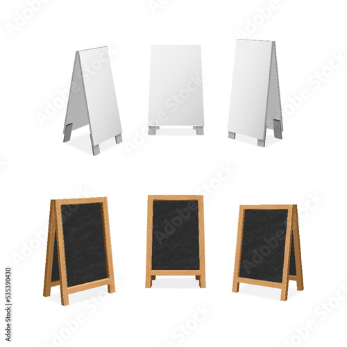 Pavement sign, street chalkboard and white board cafe menu, advertisement outdoor stand