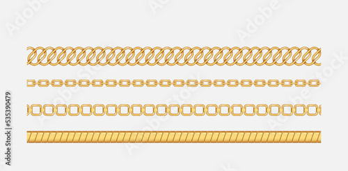 Set of golden chains, bracelet necklaces with pendant realistic. Shiny fashion jewelry appearance