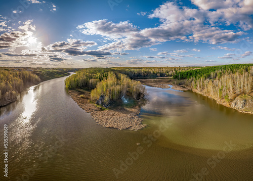 Confluence of the Iset and Kamenka rivers in the city Kamensk-Uralskiy. Iset and Kamenka rivers  Kamensk-Uralskiy  Sverdlovsk region  Ural mountains  Russia. Aerial view
