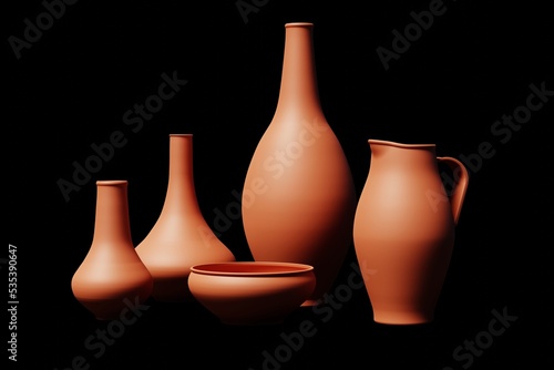 Antique ceramic amphorae isolated on black background. 3D Render