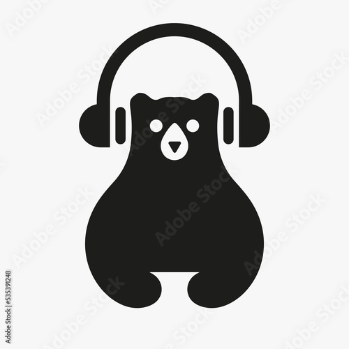 Bear Headphone Logo Negative Space Vector Template. Bear Headphone Symbol