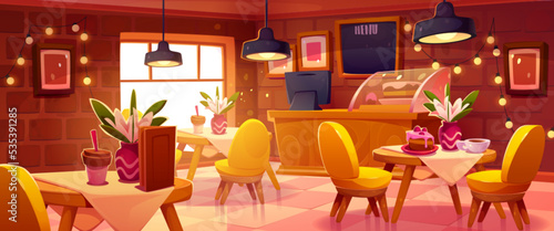 Cozy cafe interior, coffee shop, cafeteria or bakery with sweets on tables, chairs, cashier desk, chalkboard menu and glow garlands. Restaurant or food court with furniture Cartoon vector illustration