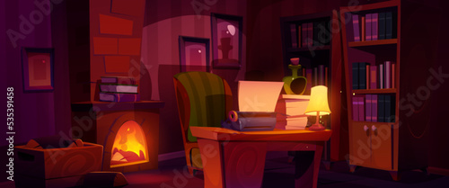 Writer workspace in dark room with vintage furniture. Cartoon vector illustration of retro furnished home office with old typewriter on wooden desk, cozy armchair and fireplace, many books on shelves