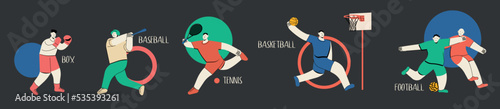 Soccer football, box, baseball, basketball, tennis. Collage of professional sportsmen in action and motion isolated. Hand drawn. Colorful abstract vector illustration