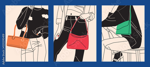 Set with girls showing off their bags. Close up camera. Stylish outfits for summer, autumn, spring. Hand drawn. Colorful abstract vector illustration