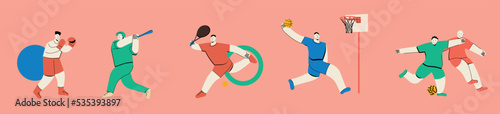 Soccer football, box, baseball, basketball, tennis. Collage of professional sportsmen in action and motion isolated. Hand drawn. Colorful abstract vector illustration