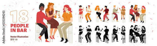 Set of happy people sitting in bar. Collection of male, female flat characters, couples, friends drinking cocktails, clinking glasses, dating and celebrating holiday at party. Vector illustration