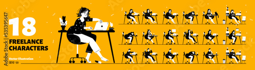 Set of 18 freelancers isolated on yellow background. Vector illustration of male, female flat characters working on laptop from home, tired, overloaded, happy with success, unhappy about failure