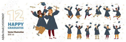 Set of 12 happy graduates isolated on white background. Excited teen boys, girls in academic dress jumping, throwing tassel caps, dancing, celebrating successful graduation. Flat vector illustration